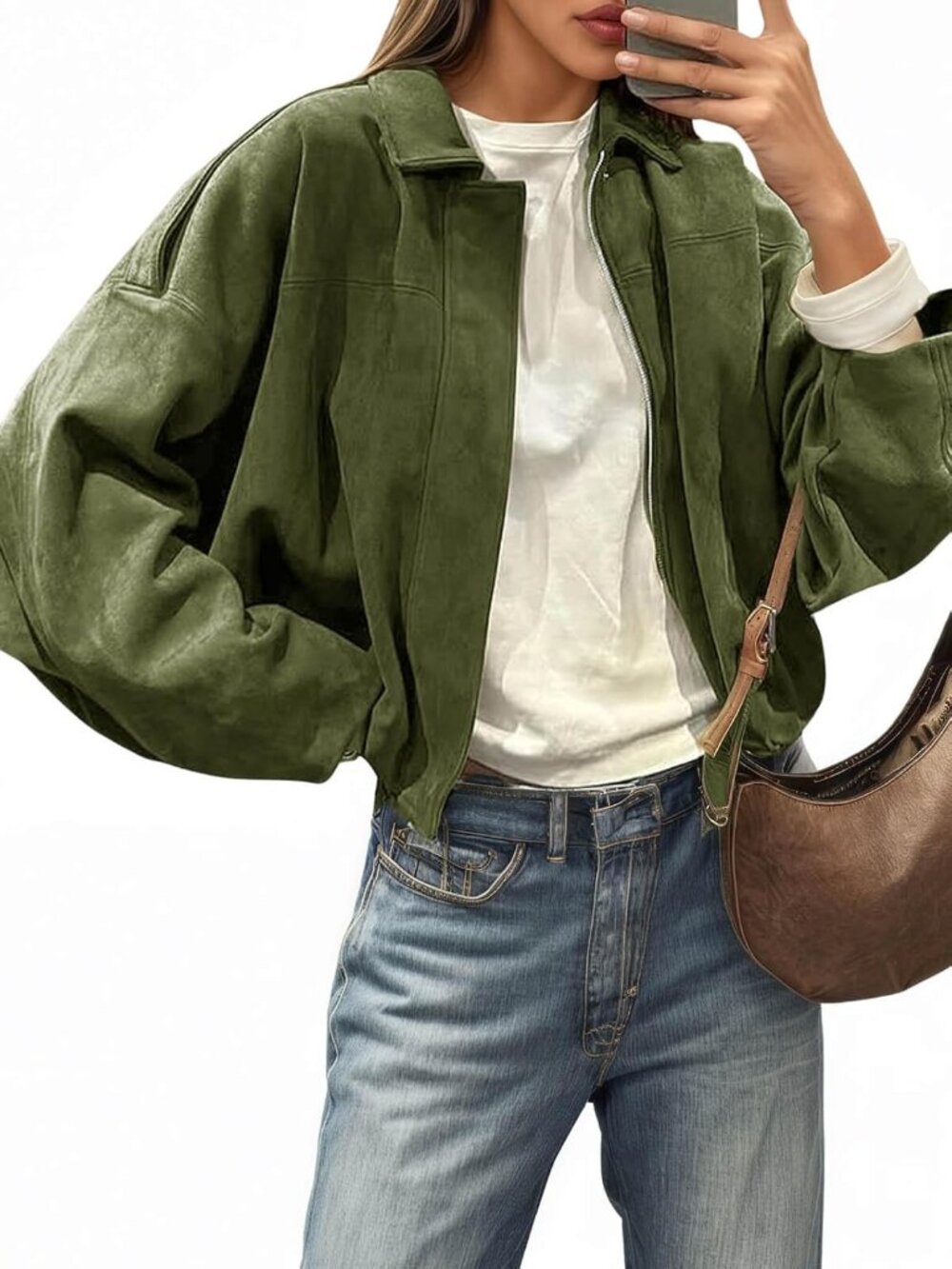 Women Olive Faux Suede Oversized Lapel Collar Zip Up Cropped Moto Bomber Jacket